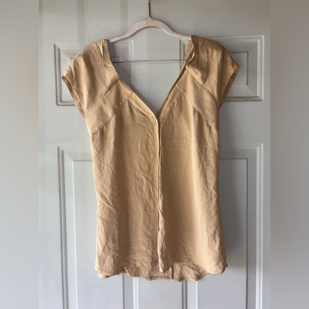 Theory Beige Cap-Sleeve V-Neck Blouse